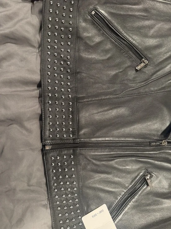 Saint + Sofia Large L Black Studded Leather Moto Jacket NWT - Picture 4 of 6
